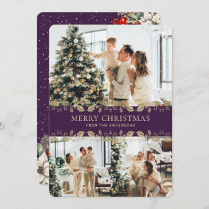 Elegant Purple Gold Botanical Photo Christmas Card