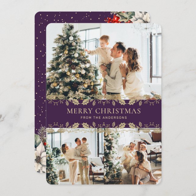 Elegant Purple Gold Botanical Photo Christmas Card (Front/Back)