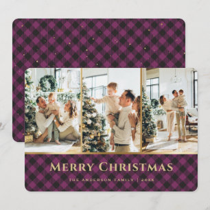 Elegant Purple Gold Buffalo Plaid Photo Christmas Holiday Card