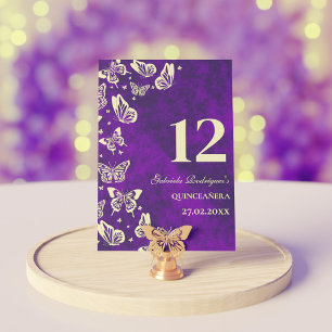Elegant Purple Gold Butterfly Quinceañera Seating Table Number