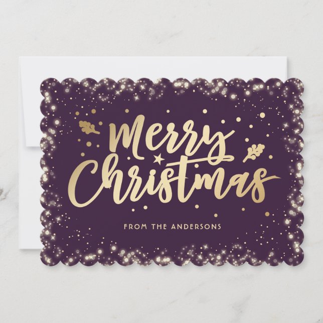 Elegant Purple Gold Calligraphy Merry Christmas Holiday Card (Front)