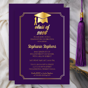 Elegant Purple   Gold Cap College Graduation Party Invitation