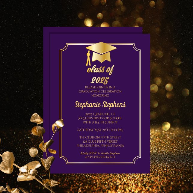Elegant Purple | Gold Cap College Graduation Party Invitation (Elegant Purple and Gold Tone Graduation Cap "Class of 2025" College Graduation Party Invitation)