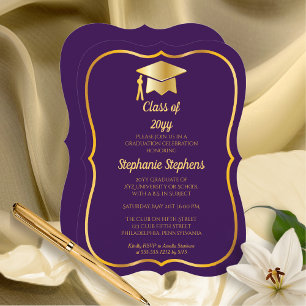 Elegant Purple Gold Cap Graduation Party Invitation