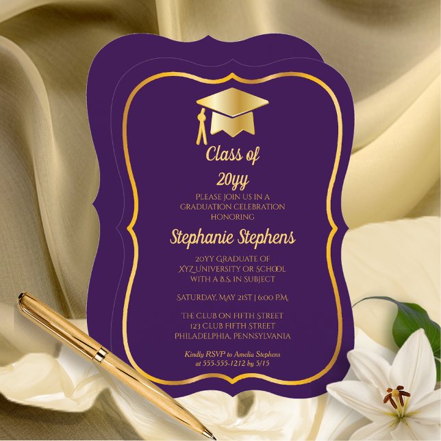 Elegant Purple | Gold Cap Graduation Party Invitation (Elegant Purple and Faux Gold Cap Graduation Party Invitation - Bracket Style (Print and/or Download))
