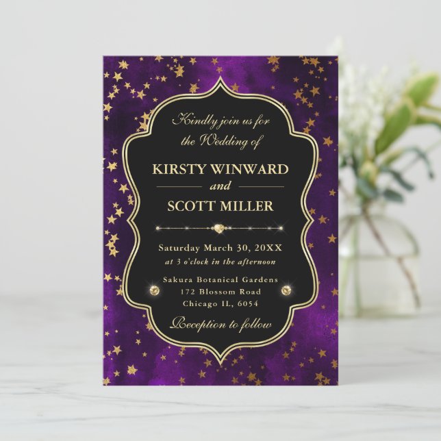 Elegant Purple  & Gold Celestial Starry Wedding Invitation (Standing Front)