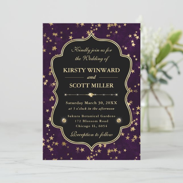 Elegant Purple & Gold Celestial Starry Wedding Invitation (Standing Front)