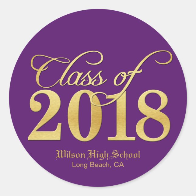 Elegant Purple & Gold Class of 2018 Graduation Classic Round Sticker (Front)