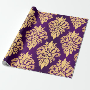 Elegant Purple Gold Classic Damask Pattern Wrapping Paper
