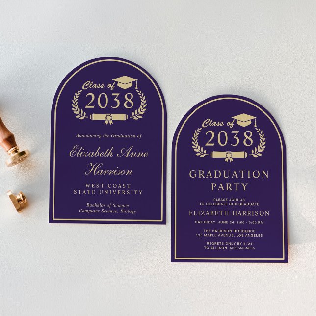 Elegant Purple Gold College Arch Graduation Party Invitation (An elegant arch-shaped college graduation party invitation to celebrate the graduate's achievements)