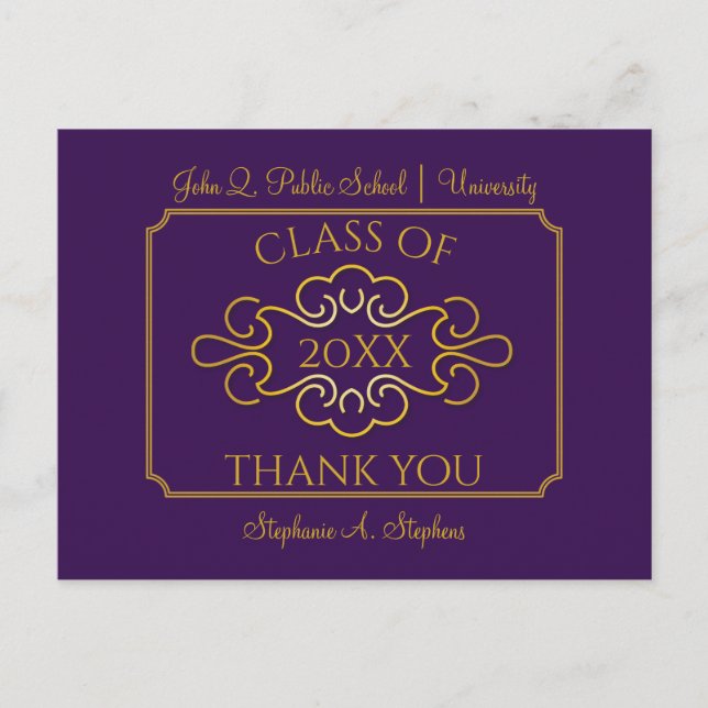 Elegant Purple | Gold College Graduation Thank You Postcard (Front)
