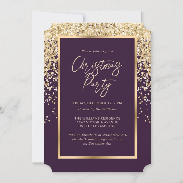 Elegant Purple Gold Confetti Christmas Party Invitation (Front)