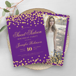 Elegant Purple Gold Confetti Photo Sweet 16 Invitation