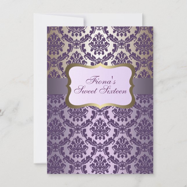 Elegant Purple & Gold Damask Birthday Invite (Front)