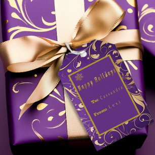 Elegant Purple & Gold Damask 'Happy Holidays' Gift Tags