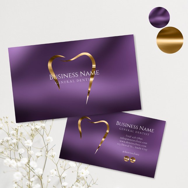 Elegant Purple Gold Dentist Business Card Design (Creator Uploaded)