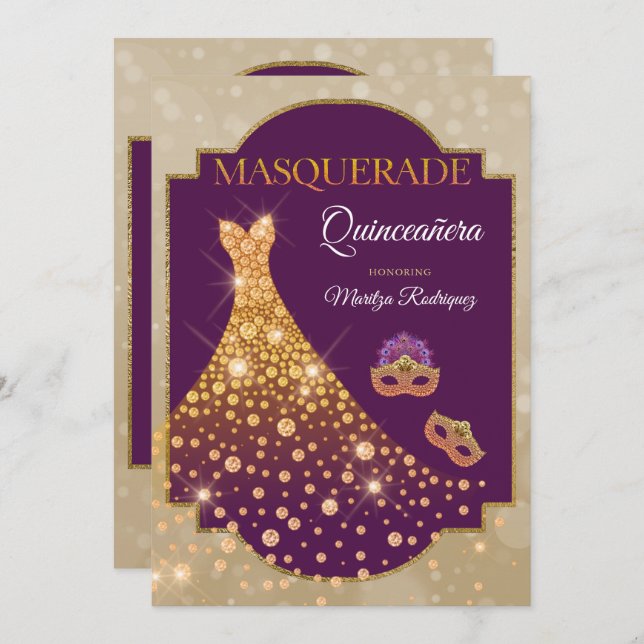Elegant Purple Gold Diamond Quinceañera Masquerade Invitation (Front/Back)
