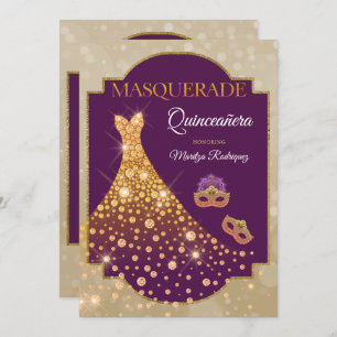 Elegant Purple Gold Diamond Quinceañera Masquerade Invitation