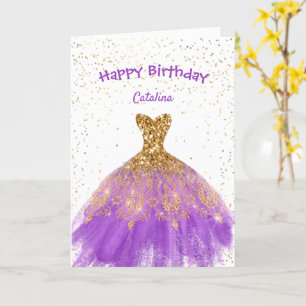 Elegant Purple Gold Dress Birthday Card
