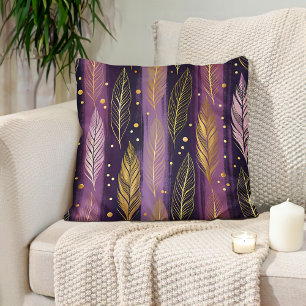 Elegant Purple Gold Feather Boho Cushion