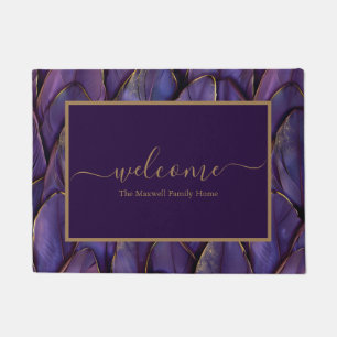 Elegant purple gold feathers name welcome doormat