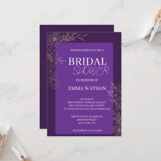 Elegant Purple Gold Floral Bridal Shower  Invitation