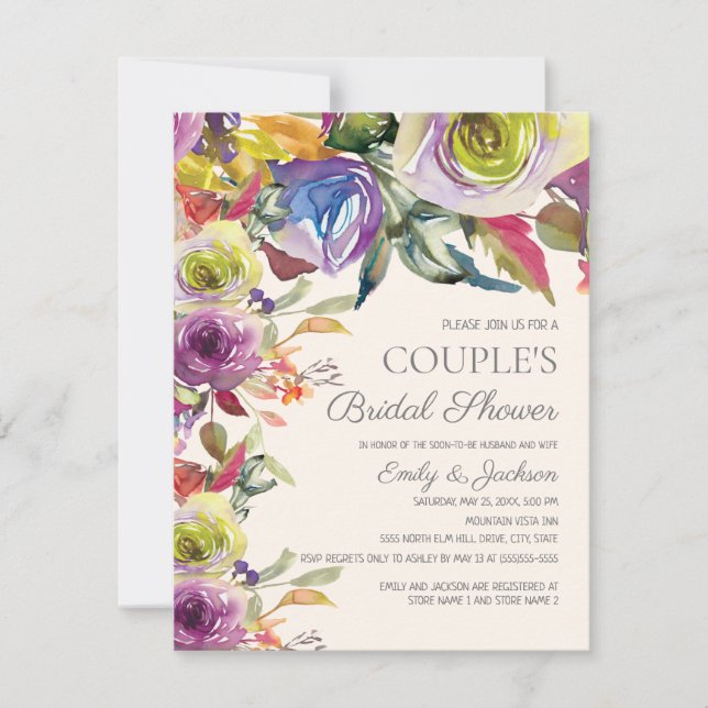 Elegant Purple Gold Floral Couple's Bridal Shower Invitation (Front)