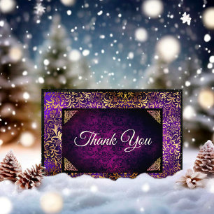 Elegant purple gold floral damask monogram thank you card