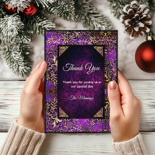 Elegant purple gold floral damask Thank you Card