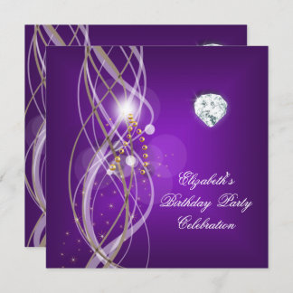 Elegant Purple Gold Floral Diamond Birthday Party Invitation