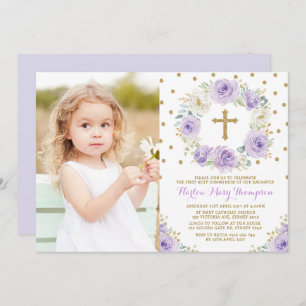 Elegant Purple Gold Floral First Communion Baptism Invitation