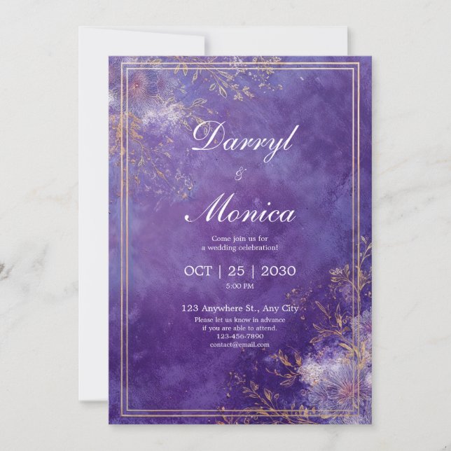 Elegant Purple & Gold Floral Frame Wedding Invitation (Front)