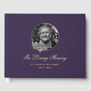Elegant Purple Gold Floral Funeral Photo Guest Book