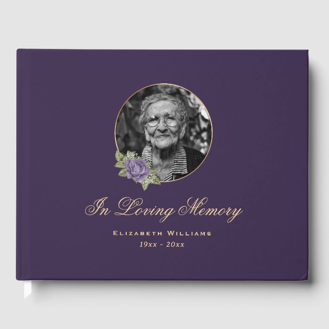 Elegant Purple Gold Floral Funeral Photo Guest Book (Front)