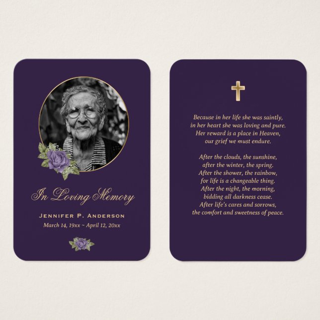 Elegant Purple Gold Floral Funeral Prayer Card (Front & Back)