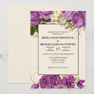 Elegant Purple Gold Floral Ivory Wedding Invite