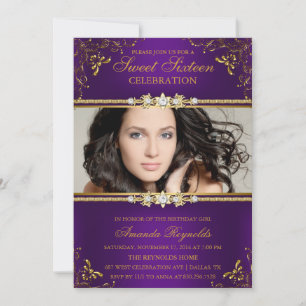 Elegant Purple & Gold Floral Sweet Sixteen Invite