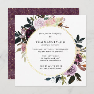 Elegant Purple Gold Floral Thanksgiving Dinner Invitation