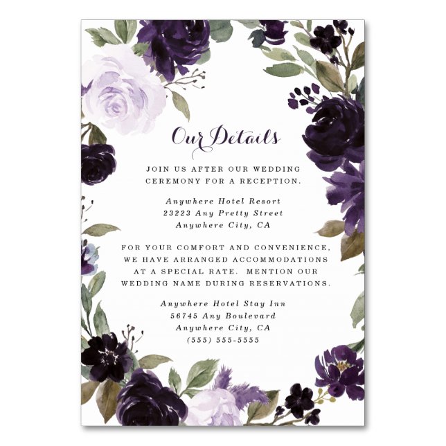 Elegant Purple Gold Floral Wedding Enclosure Cards (Front)