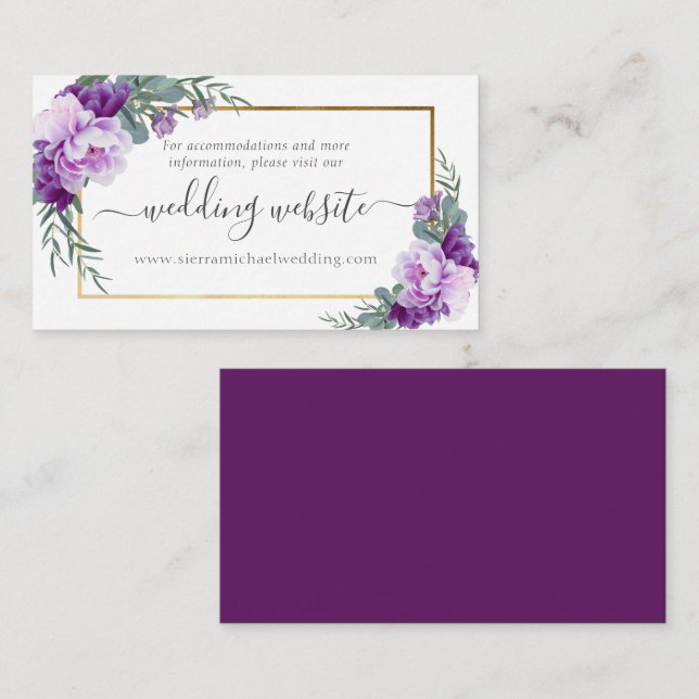 Elegant Purple & Gold Floral Wedding Website Enclosure Card (Front/Back)
