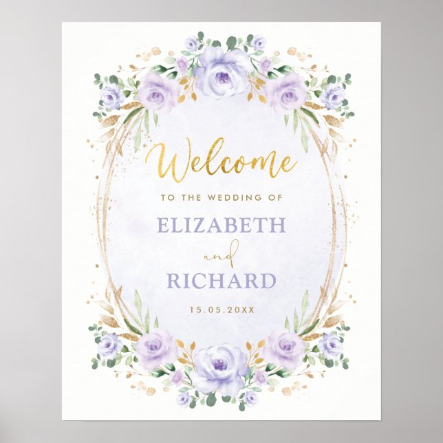 Elegant Purple Gold Floral Wedding Welcome Poster (Front)