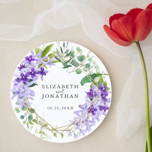 Elegant Purple Gold Floral Wreath Wedding  Classic Round Sticker