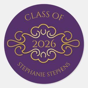 Elegant Purple Gold Flourish Class of Year Name Classic Round Sticker