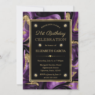 Elegant Purple Gold Foil Marble 21st Birthday Invitation