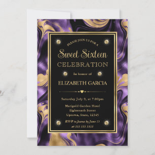 Elegant Purple Gold Foil Marble Sweet Sixteen Invitation