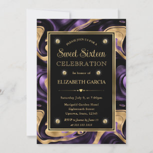 Elegant Purple Gold Foil Marble Sweet Sixteen Invitation