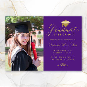 Elegant Purple Gold Formal Script Photo Graduation Announcement