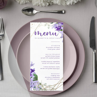 Elegant Purple Gold Geometric Flowers Wedding Menu