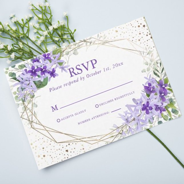 Elegant Purple Gold Geometric Flowers Wedding  RSVP Card (Creator Uploaded)