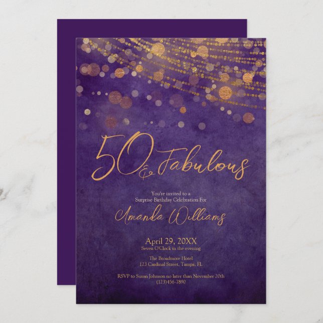 Elegant Purple Gold Glam 50 and Fabulous Birthday Invitation (Front/Back)